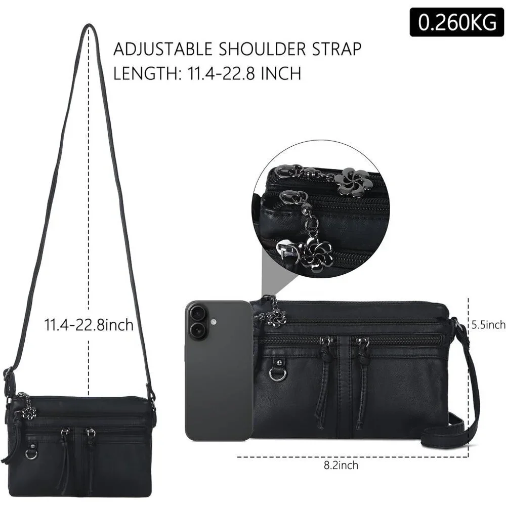 Leather Crossbody Bag Women Small Multi-Pocket Zipper Shoulder Purse